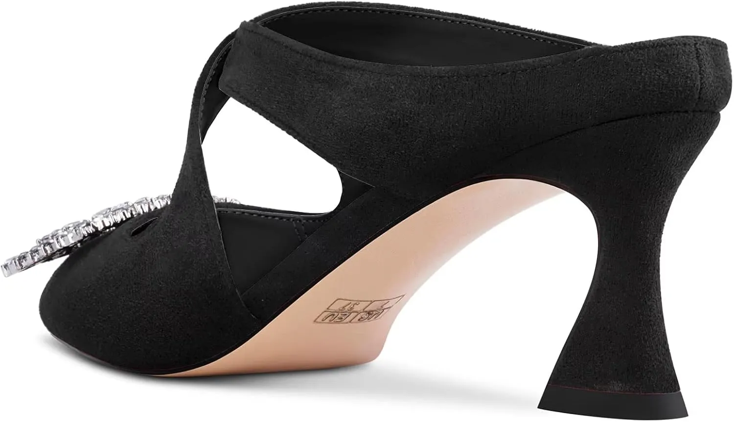 DearOnly Women Pointed Toe Sandals Mid Chunky Block Heel Cross-Strap Slingback Diamond Crystal Wedding Dress Heel