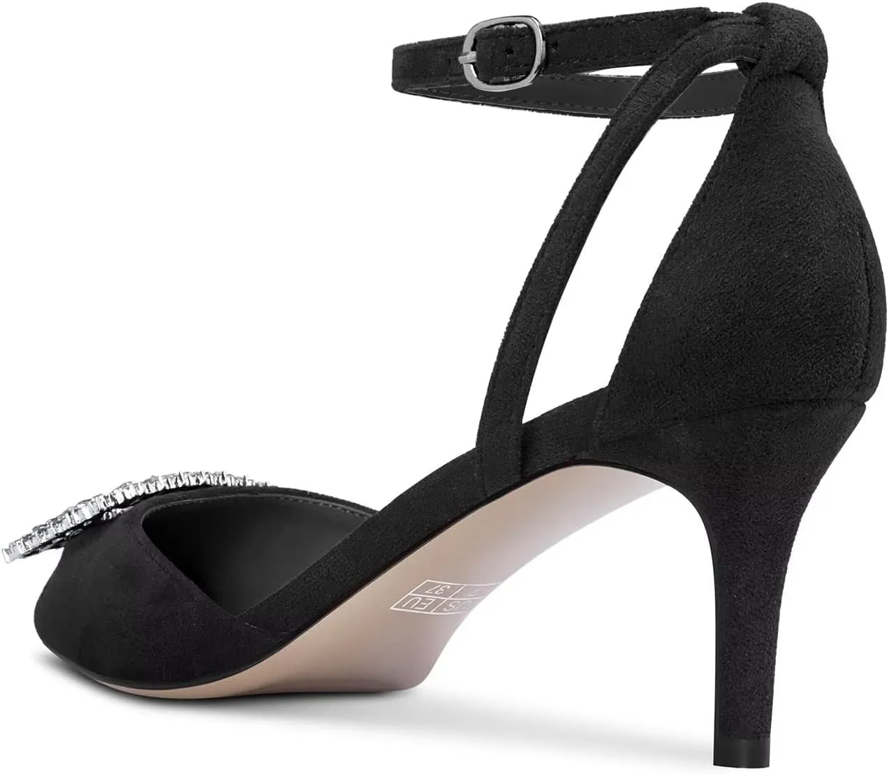 DearOnly Women Stiletto Mid Heel Pointed Toe Pumps Ankle Strap Buckle Diamond Crystal Party Classic 2.6 Inches Heels
