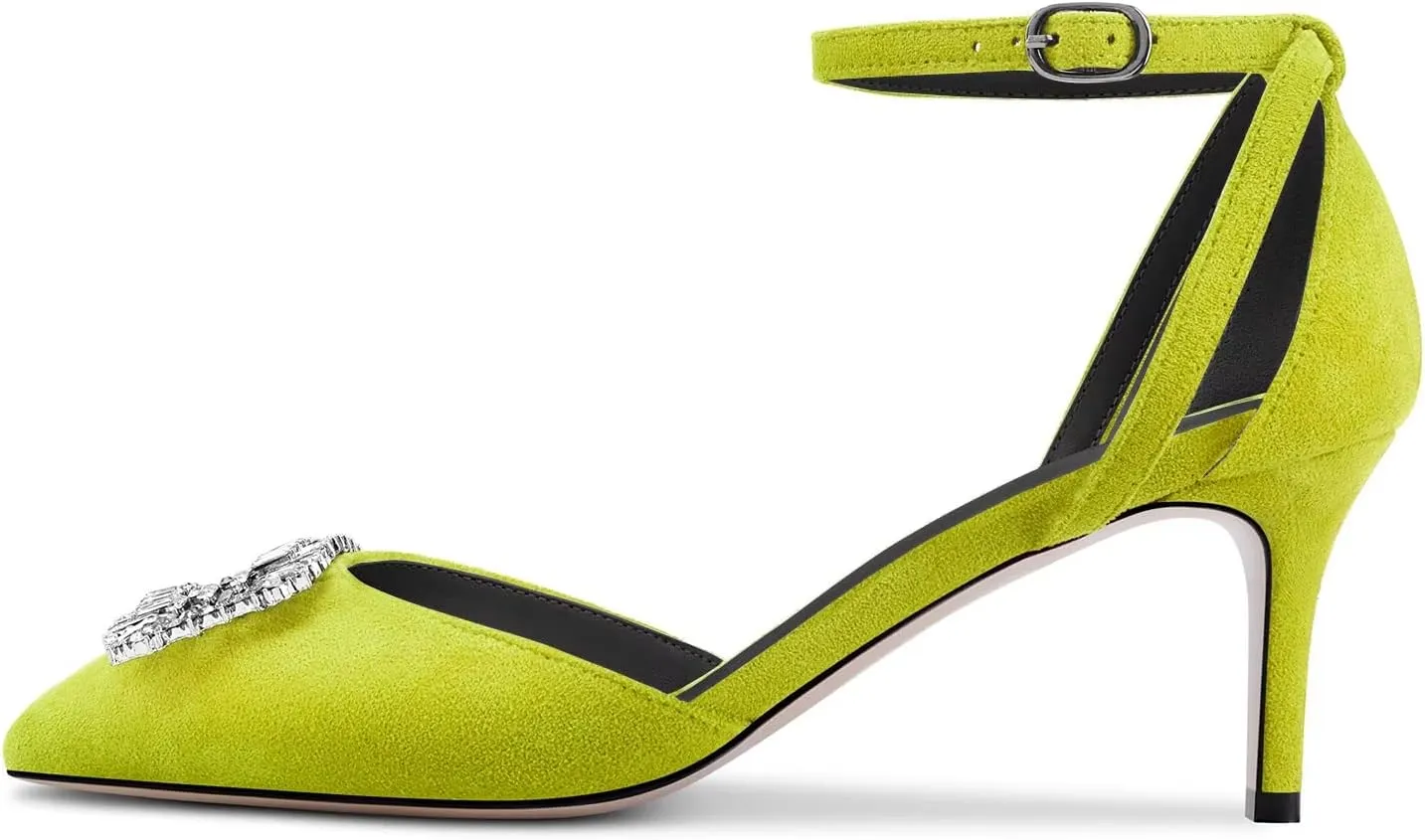 DearOnly Women Stiletto Mid Heel Pointed Toe Pumps Ankle Strap Buckle Diamond Crystal Party Classic 2.6 Inches Heels