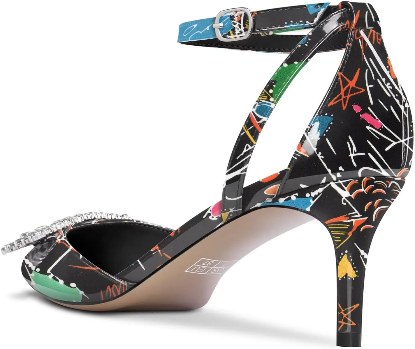 DearOnly Women Stiletto Mid Heel Pointed Toe Pumps Ankle Strap Buckle Diamond Crystal Party Classic 2.6 Inches Heels