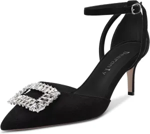 DearOnly Women Stiletto Mid Heel Pointed Toe Pumps Ankle Strap Buckle Diamond Crystal Party Classic 2.6 Inches Heels
