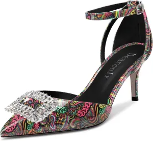 DearOnly Women Stiletto Mid Heel Pointed Toe Pumps Ankle Strap Buckle Diamond Crystal Party Classic 2.6 Inches Heels
