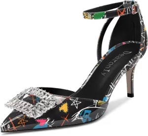 DearOnly Women Stiletto Mid Heel Pointed Toe Pumps Ankle Strap Buckle Diamond Crystal Party Classic 2.6 Inches Heels