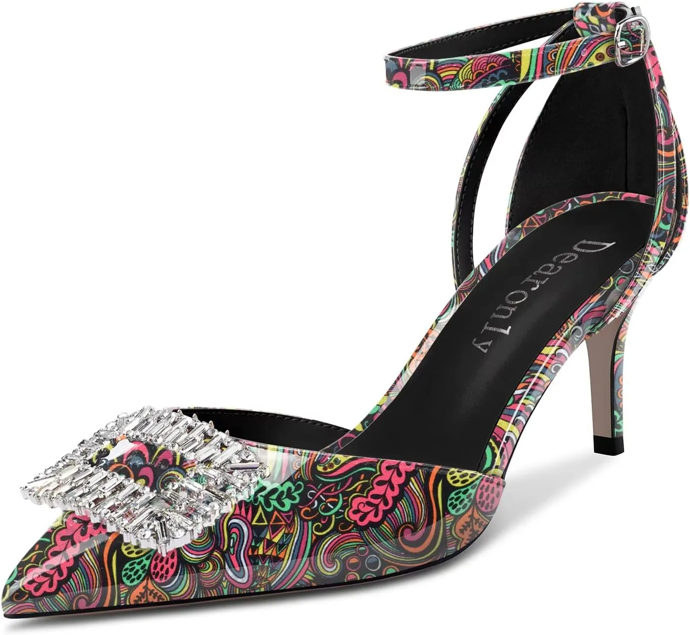 DearOnly Women Stiletto Mid Heel Pointed Toe Pumps Ankle Strap Buckle Diamond Crystal Party Classic 2.6 Inches Heels