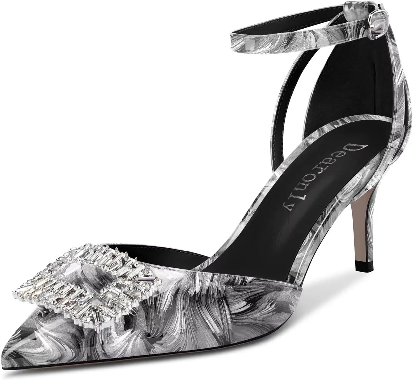 DearOnly Women Stiletto Mid Heel Pointed Toe Pumps Ankle Strap Buckle Diamond Crystal Party Classic 2.6 Inches Heels