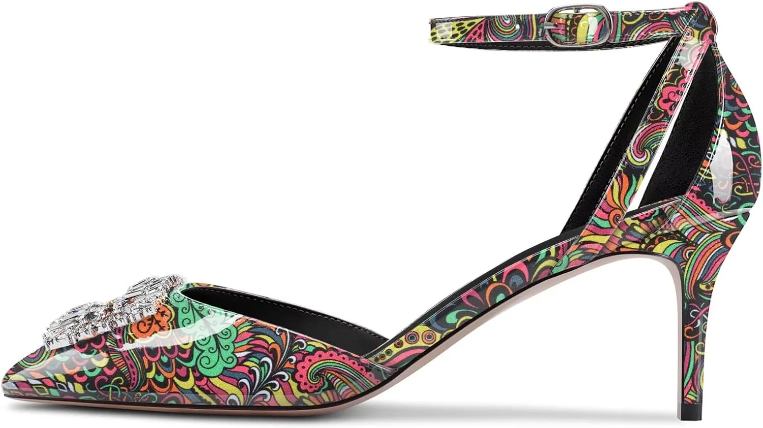 DearOnly Women Stiletto Mid Heel Pointed Toe Pumps Ankle Strap Buckle Diamond Crystal Party Classic 2.6 Inches Heels