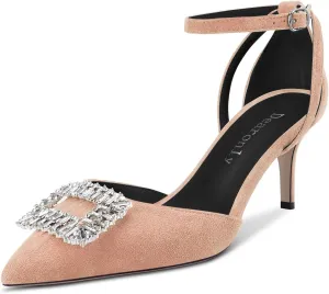 DearOnly Women Stiletto Mid Heel Pointed Toe Pumps Ankle Strap Buckle Diamond Crystal Party Classic 2.6 Inches Heels