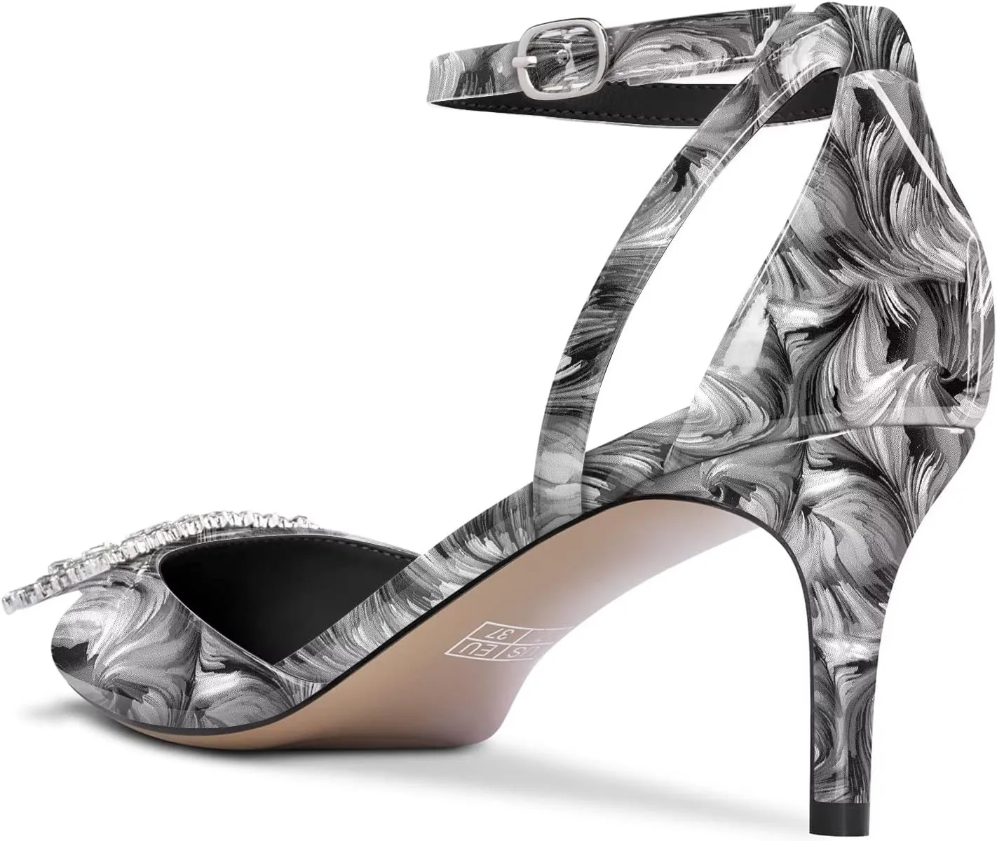 DearOnly Women Stiletto Mid Heel Pointed Toe Pumps Ankle Strap Buckle Diamond Crystal Party Classic 2.6 Inches Heels