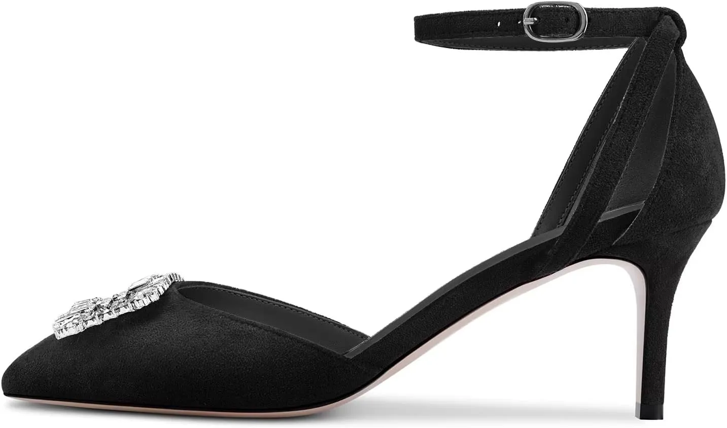 DearOnly Women Stiletto Mid Heel Pointed Toe Pumps Ankle Strap Buckle Diamond Crystal Party Classic 2.6 Inches Heels