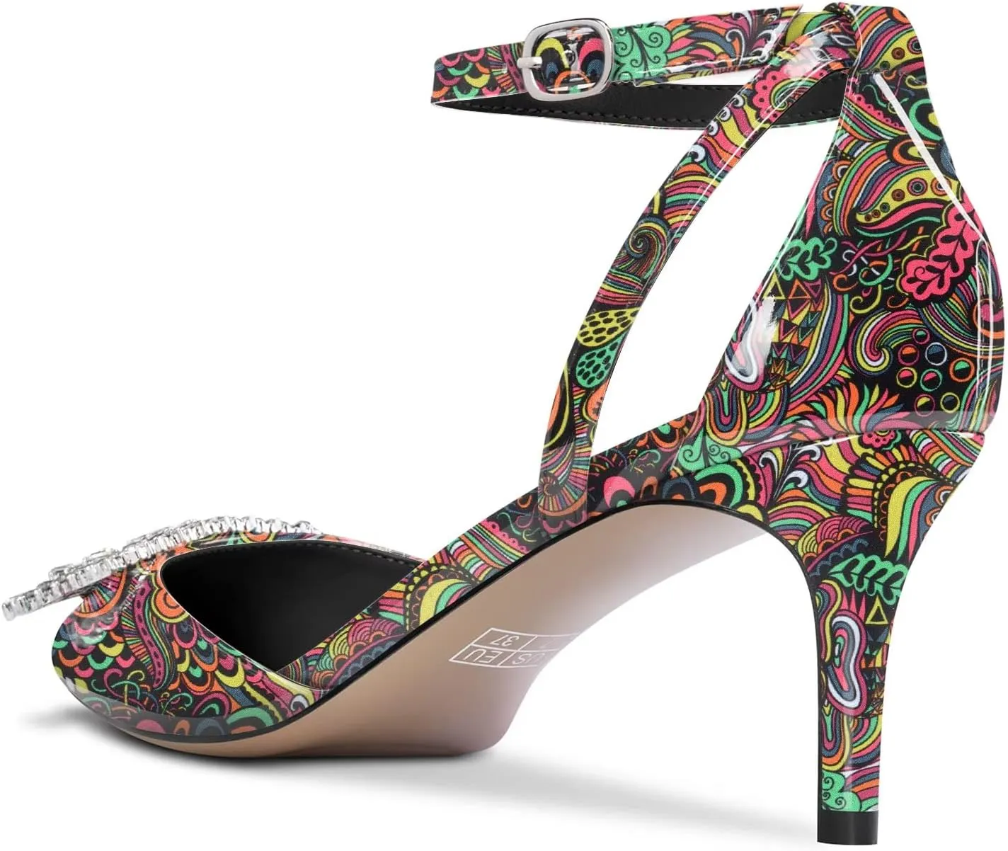 DearOnly Women Stiletto Mid Heel Pointed Toe Pumps Ankle Strap Buckle Diamond Crystal Party Classic 2.6 Inches Heels