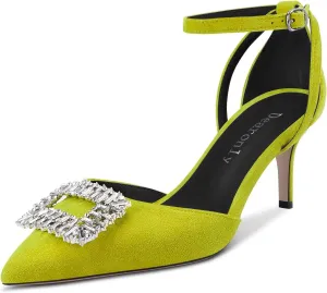 DearOnly Women Stiletto Mid Heel Pointed Toe Pumps Ankle Strap Buckle Diamond Crystal Party Classic 2.6 Inches Heels