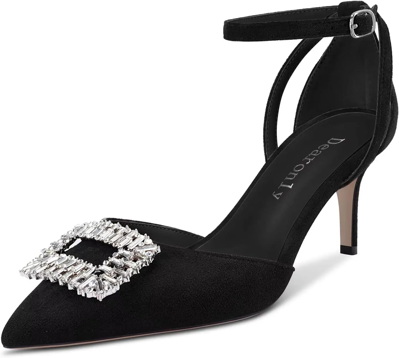 DearOnly Women Stiletto Mid Heel Pointed Toe Pumps Ankle Strap Buckle Diamond Crystal Party Classic 2.6 Inches Heels