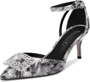 DearOnly Women Stiletto Mid Heel Pointed Toe Pumps Ankle Strap Buckle Diamond Crystal Party Classic 2.6 Inches Heels
