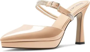 DearOnly Womens High Chunky Block Platform Heel Point Toe Slip-on Pumps Rhinestone Crystal Buckle Cute Prom Casual Shoes 3.9 Inches Heels