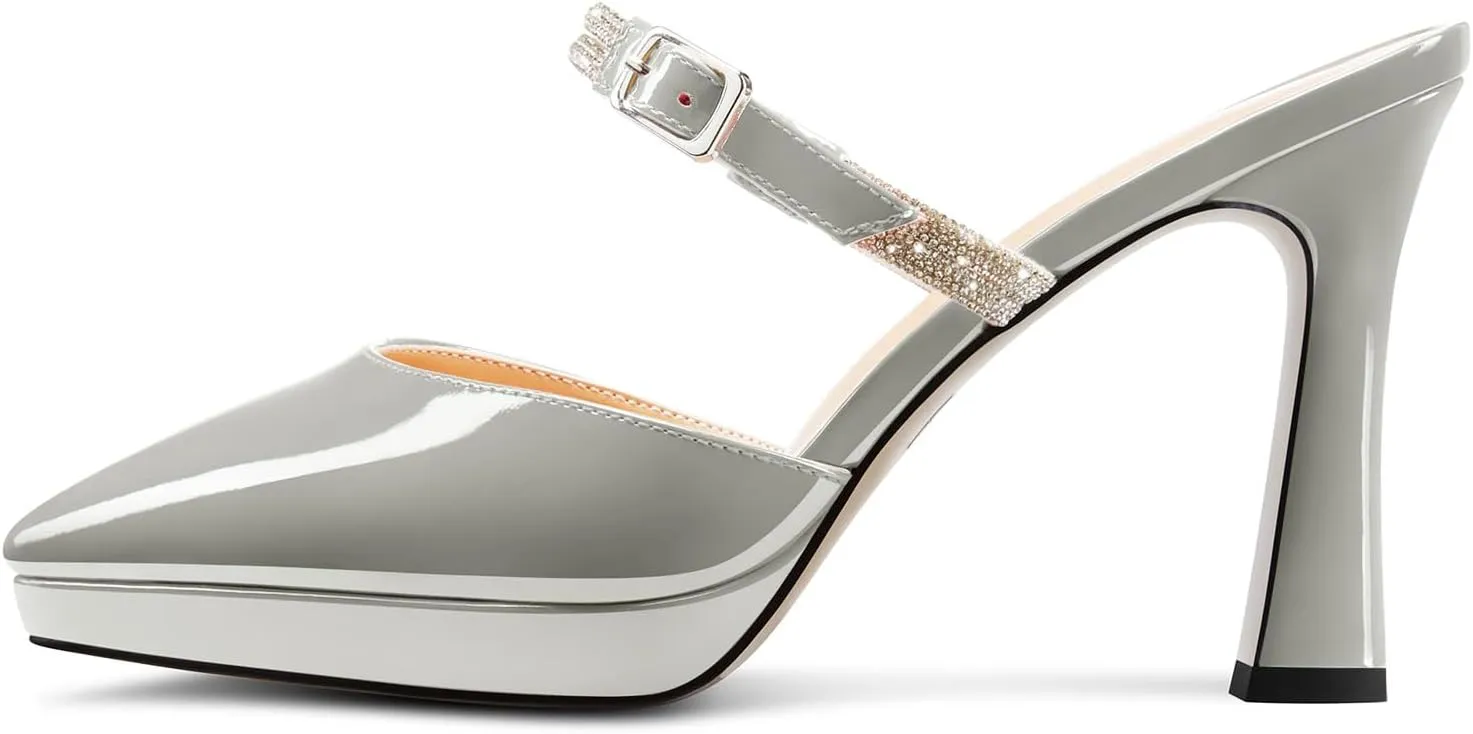 DearOnly Womens High Chunky Block Platform Heel Point Toe Slip-on Pumps Rhinestone Crystal Buckle Cute Prom Casual Shoes 3.9 Inches Heels