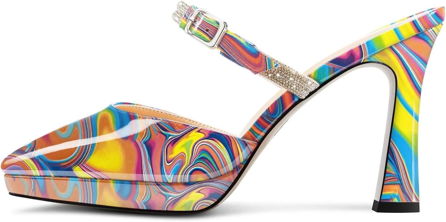 DearOnly Womens High Chunky Block Platform Heel Point Toe Slip-on Pumps Rhinestone Crystal Buckle Cute Prom Casual Shoes 3.9 Inches Heels