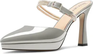 DearOnly Womens High Chunky Block Platform Heel Point Toe Slip-on Pumps Rhinestone Crystal Buckle Cute Prom Casual Shoes 3.9 Inches Heels