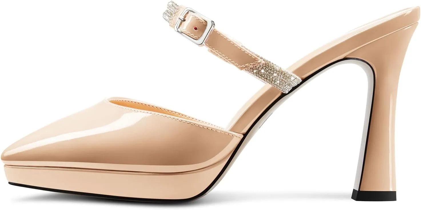 DearOnly Womens High Chunky Block Platform Heel Point Toe Slip-on Pumps Rhinestone Crystal Buckle Cute Prom Casual Shoes 3.9 Inches Heels