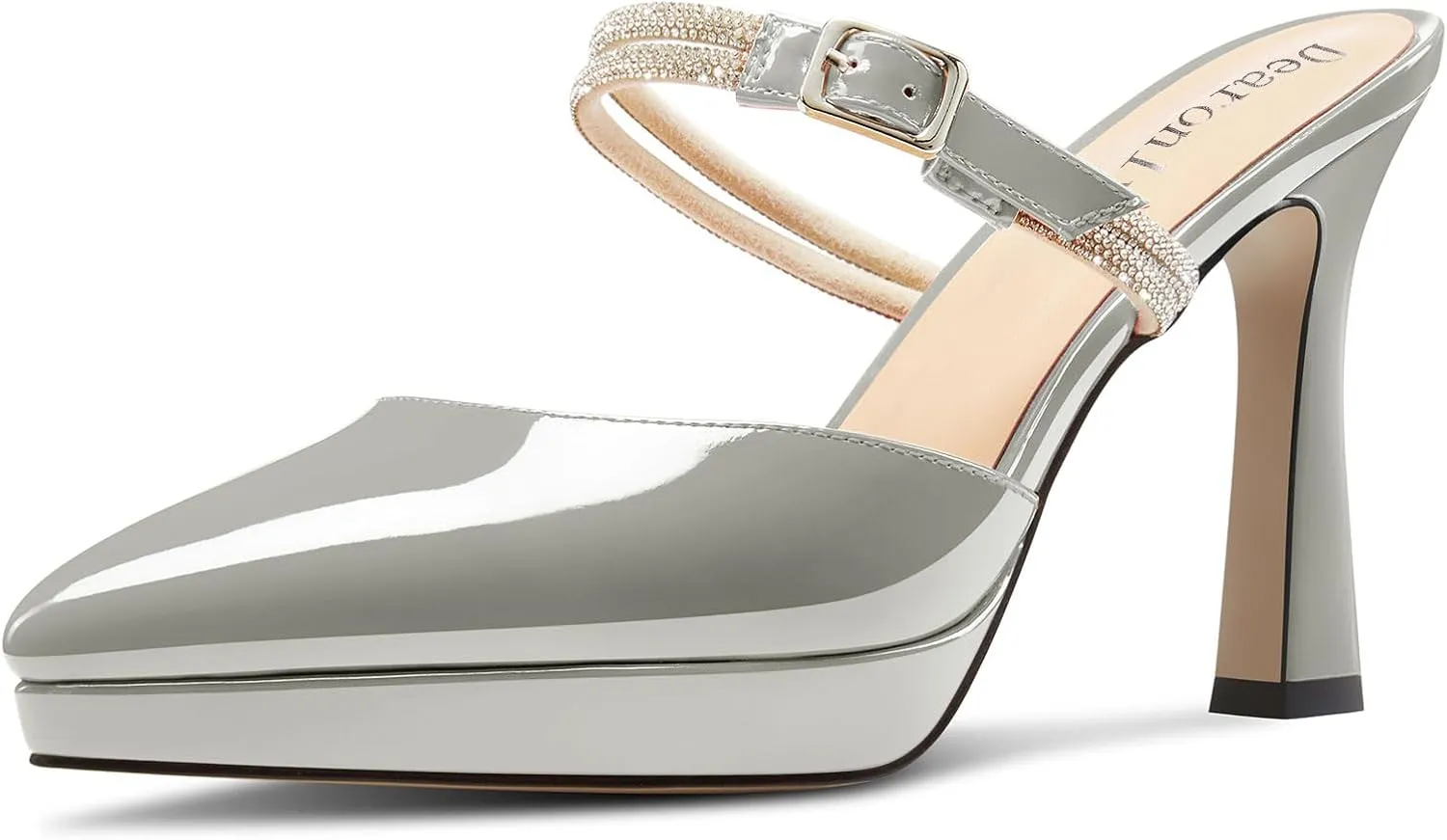 DearOnly Womens High Chunky Block Platform Heel Point Toe Slip-on Pumps Rhinestone Crystal Buckle Cute Prom Casual Shoes 3.9 Inches Heels