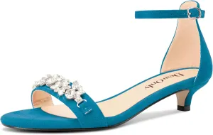 DearOnly Womens Low Kitten Heel Peep Open Toe Ankle Strap Sandals Rhinestone Crystal Buckle Office Summer Dress 1.4 Inches Heels