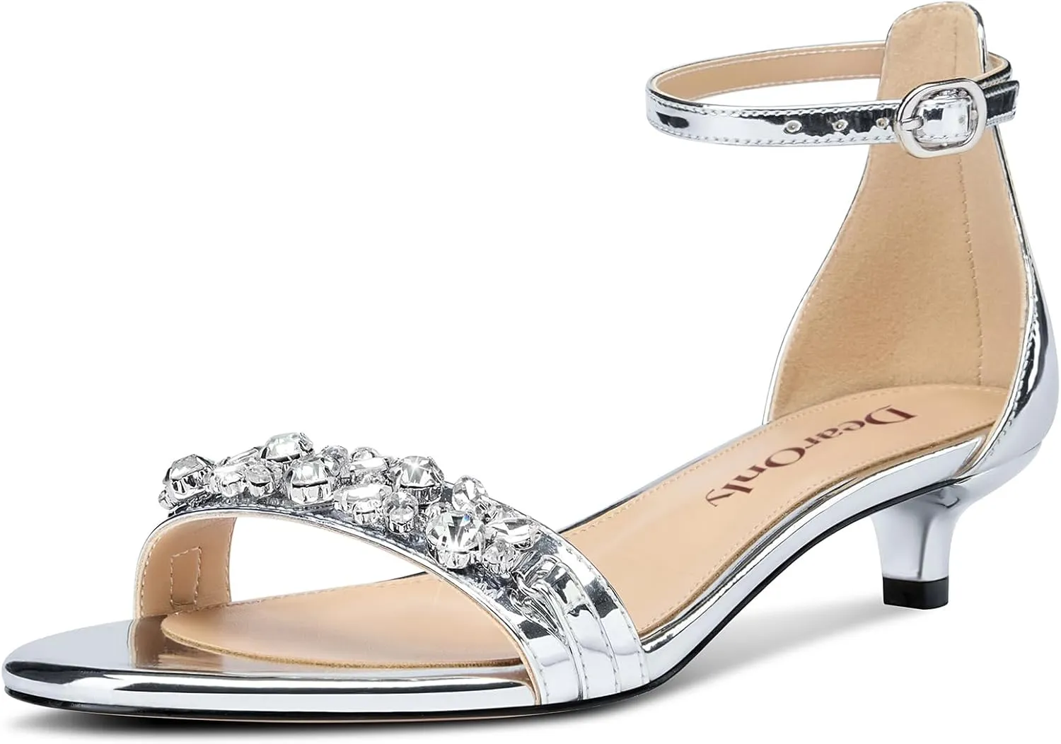 DearOnly Womens Low Kitten Heel Peep Open Toe Ankle Strap Sandals Rhinestone Crystal Buckle Office Summer Dress 1.4 Inches Heels