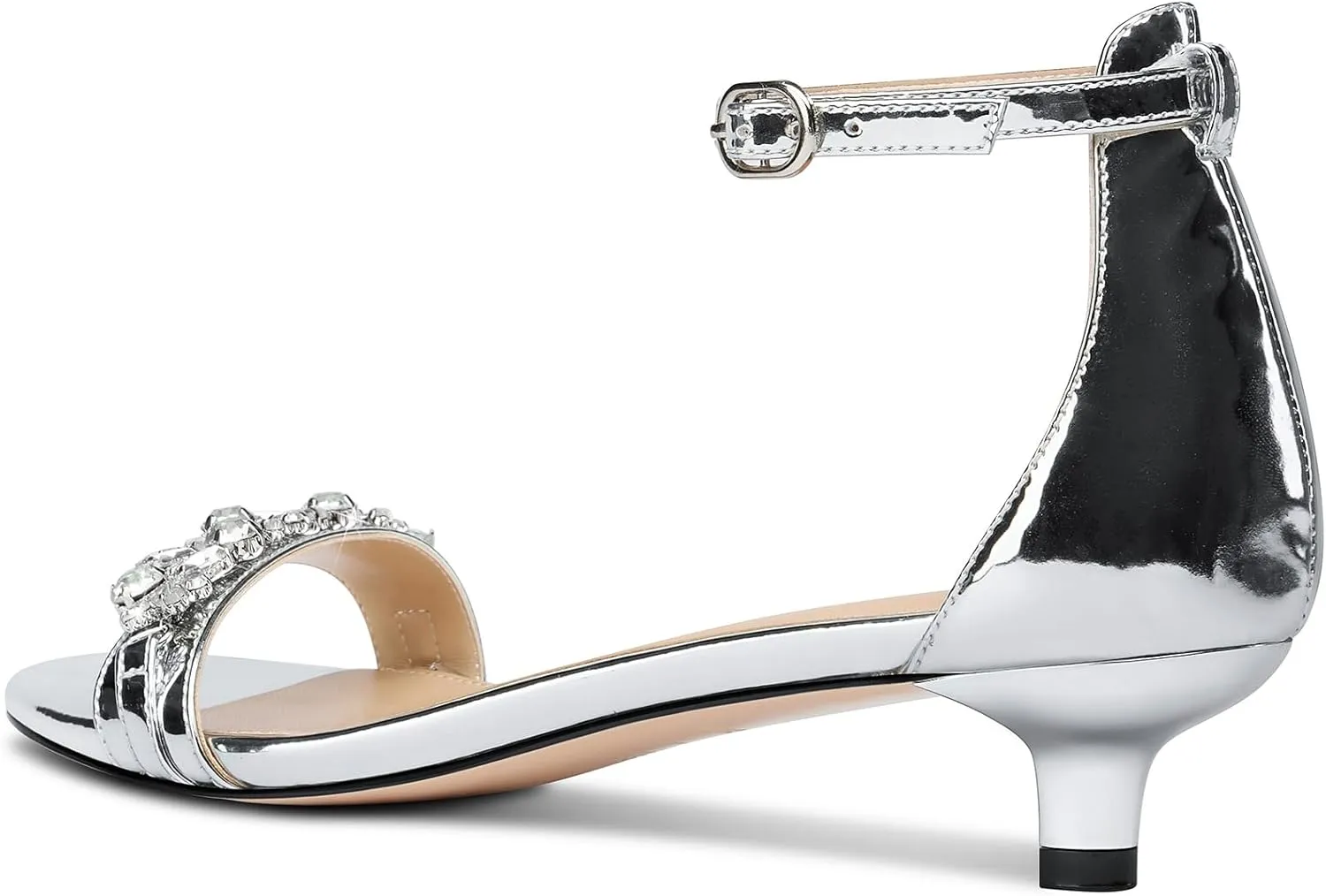 DearOnly Womens Low Kitten Heel Peep Open Toe Ankle Strap Sandals Rhinestone Crystal Buckle Office Summer Dress 1.4 Inches Heels