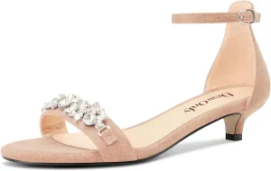 DearOnly Womens Low Kitten Heel Peep Open Toe Ankle Strap Sandals Rhinestone Crystal Buckle Office Summer Dress 1.4 Inches Heels