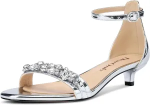 DearOnly Womens Low Kitten Heel Peep Open Toe Ankle Strap Sandals Rhinestone Crystal Buckle Office Summer Dress 1.4 Inches Heels