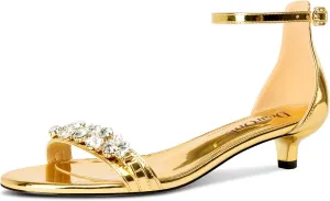 DearOnly Womens Low Kitten Heel Peep Open Toe Ankle Strap Sandals Rhinestone Crystal Buckle Office Summer Dress 1.4 Inches Heels