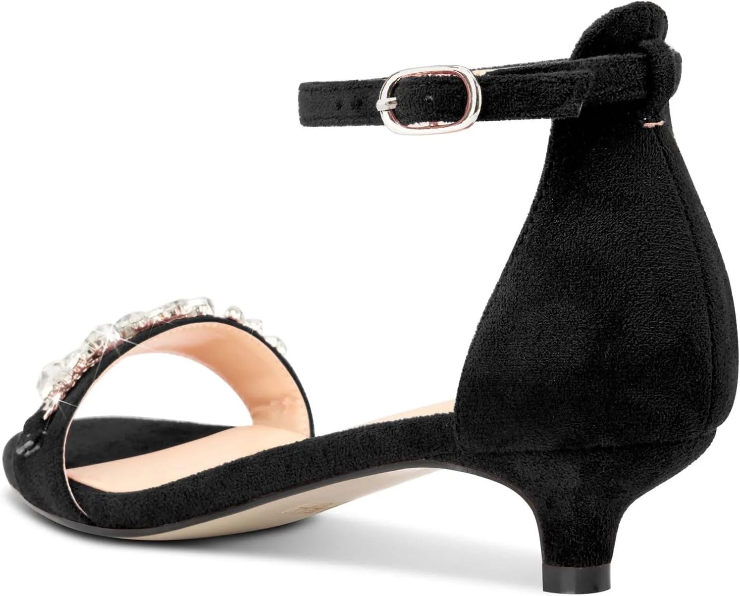 DearOnly Womens Low Kitten Heel Peep Open Toe Ankle Strap Sandals Rhinestone Crystal Buckle Office Summer Dress 1.4 Inches Heels