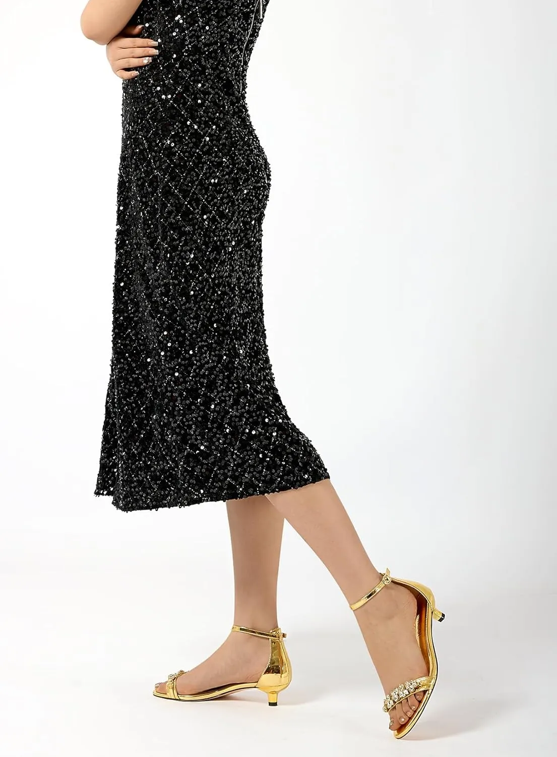 DearOnly Womens Low Kitten Heel Peep Open Toe Ankle Strap Sandals Rhinestone Crystal Buckle Office Summer Dress 1.4 Inches Heels