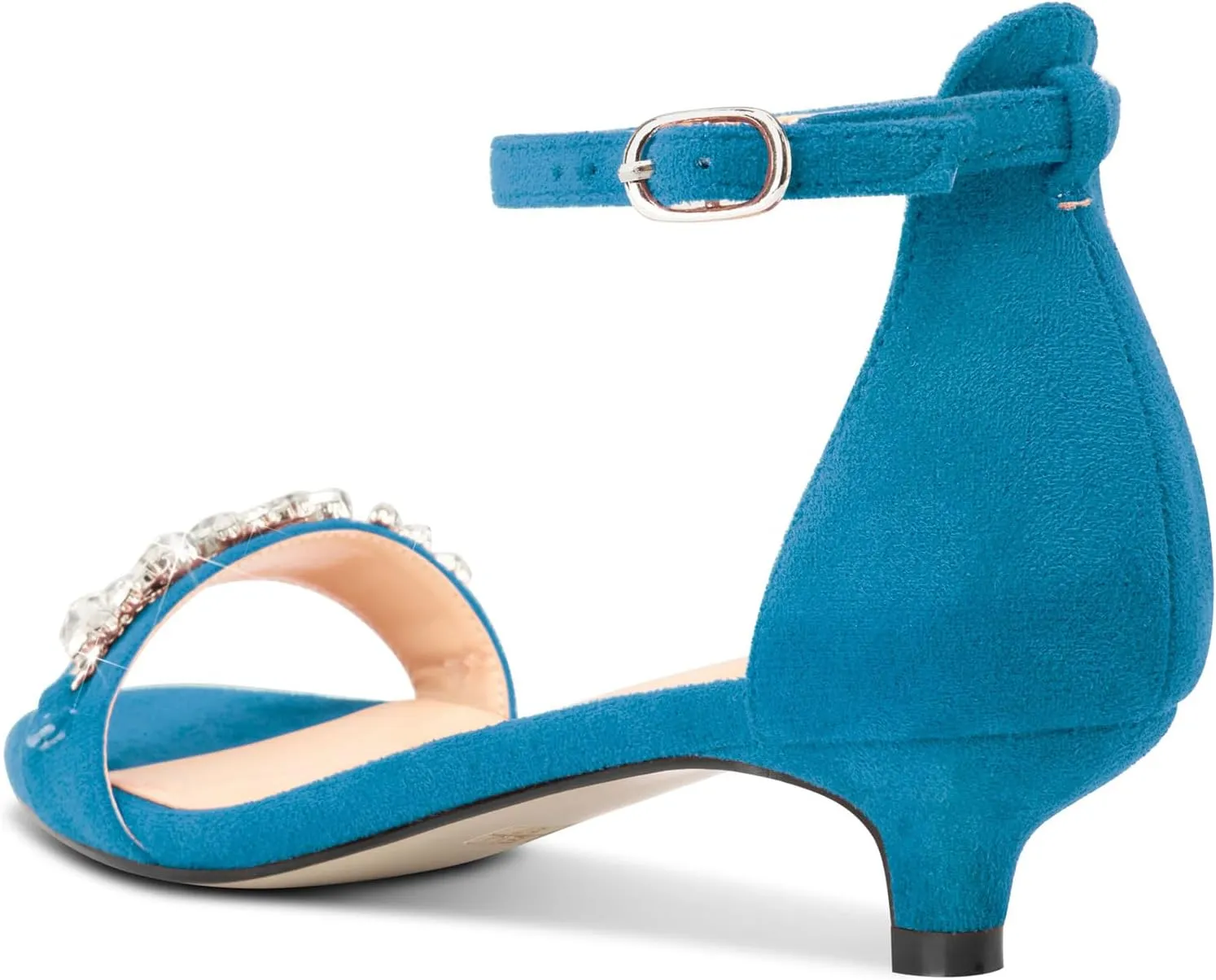 DearOnly Womens Low Kitten Heel Peep Open Toe Ankle Strap Sandals Rhinestone Crystal Buckle Office Summer Dress 1.4 Inches Heels