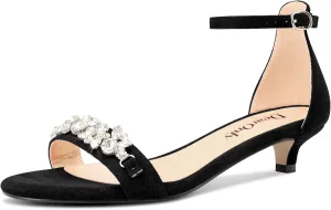 DearOnly Womens Low Kitten Heel Peep Open Toe Ankle Strap Sandals Rhinestone Crystal Buckle Office Summer Dress 1.4 Inches Heels