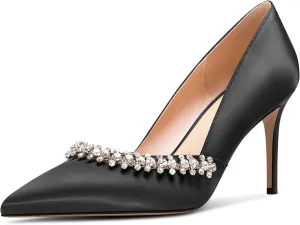 DearOnly Womens Mid Stiletto Heel Close Pointed Toe Slip-on Pumps Glitter Rhinestone Crystal Wedding Prom Shoes 3.2 Inches Heels