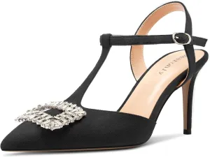 DearOnly Womens Mid Stiletto Heel Pointed Toe T-Strap Pumps Cute Rhinestone Crystal Buckle Prom Party Shoes 3.2 Inches Heels