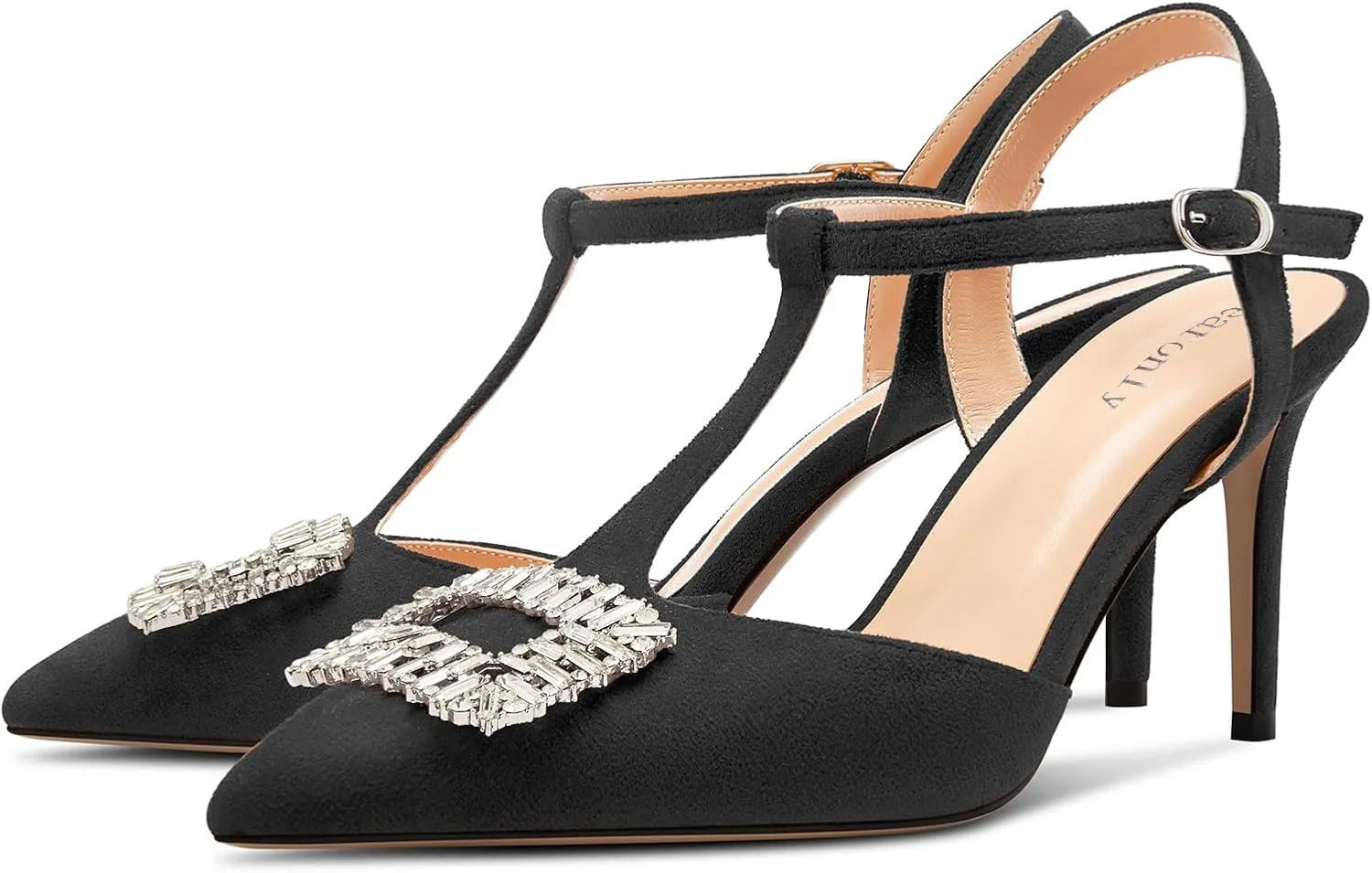 DearOnly Womens Mid Stiletto Heel Pointed Toe T-Strap Pumps Cute Rhinestone Crystal Buckle Prom Party Shoes 3.2 Inches Heels
