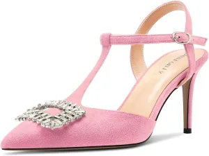 DearOnly Womens Mid Stiletto Heel Pointed Toe T-Strap Pumps Cute Rhinestone Crystal Buckle Prom Party Shoes 3.2 Inches Heels