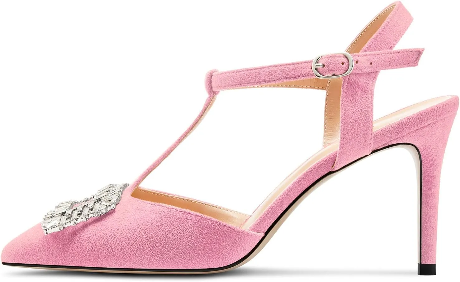 DearOnly Womens Mid Stiletto Heel Pointed Toe T-Strap Pumps Cute Rhinestone Crystal Buckle Prom Party Shoes 3.2 Inches Heels