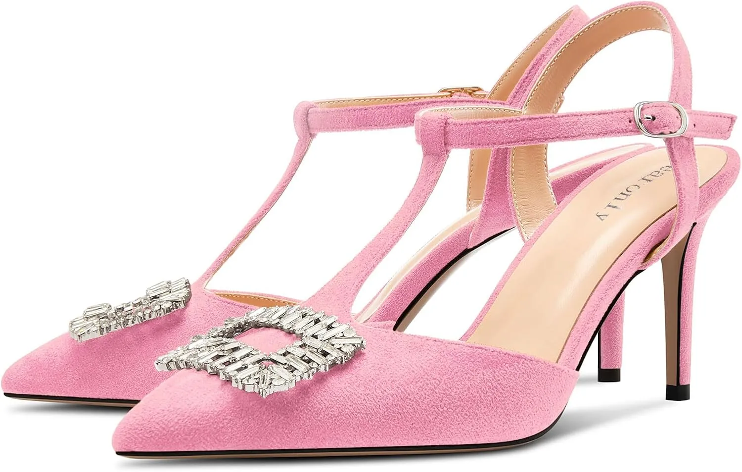 DearOnly Womens Mid Stiletto Heel Pointed Toe T-Strap Pumps Cute Rhinestone Crystal Buckle Prom Party Shoes 3.2 Inches Heels