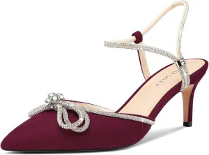 DearOnly Womens Rhinestone Kitten Heels with Bow-Knot Glitter Ankle Strap Pointed Toe Pumps Stiletto Mid Heel Crystal Slingback Wedding Dress Shoes 2.6 Inches Heels