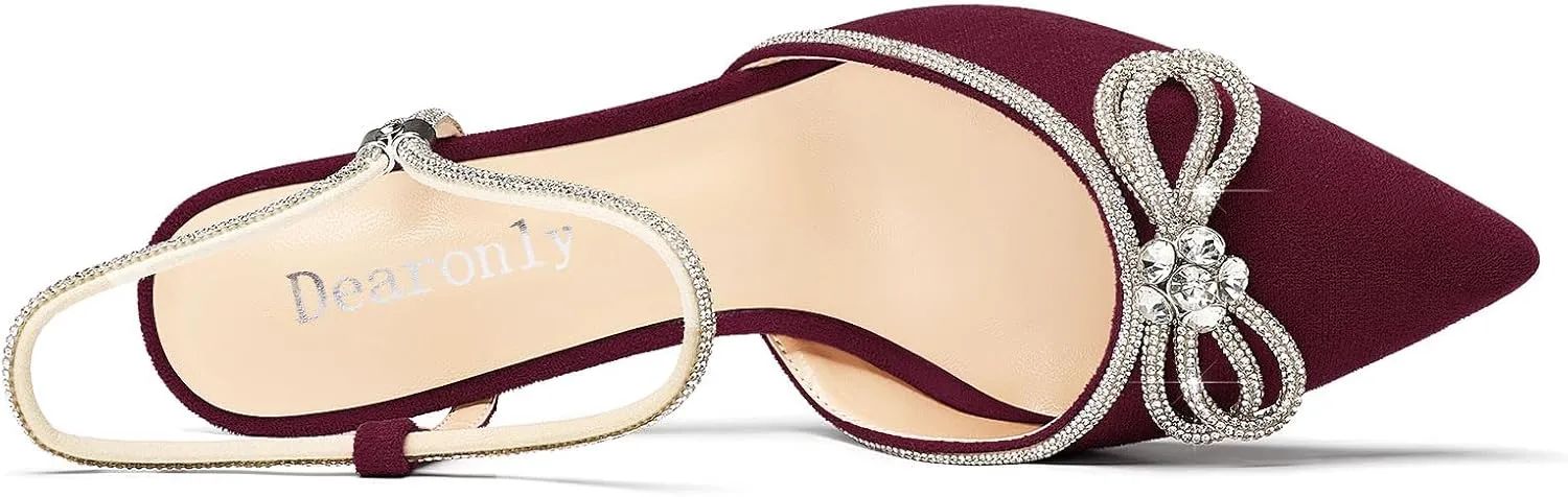 DearOnly Womens Rhinestone Kitten Heels with Bow-Knot Glitter Ankle Strap Pointed Toe Pumps Stiletto Mid Heel Crystal Slingback Wedding Dress Shoes 2.6 Inches Heels