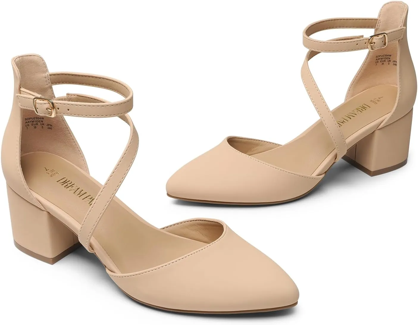 DREAM PAIRS Women's Closed Pointed Toe Low Chunky Heels Pumps Ankle Strap Wedding Business Dressy Shoes