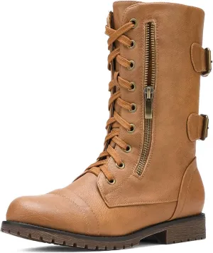 DREAM PAIRS Women's Mid Calf Built-in Wallet Pocket Lace up Military Combat Boots