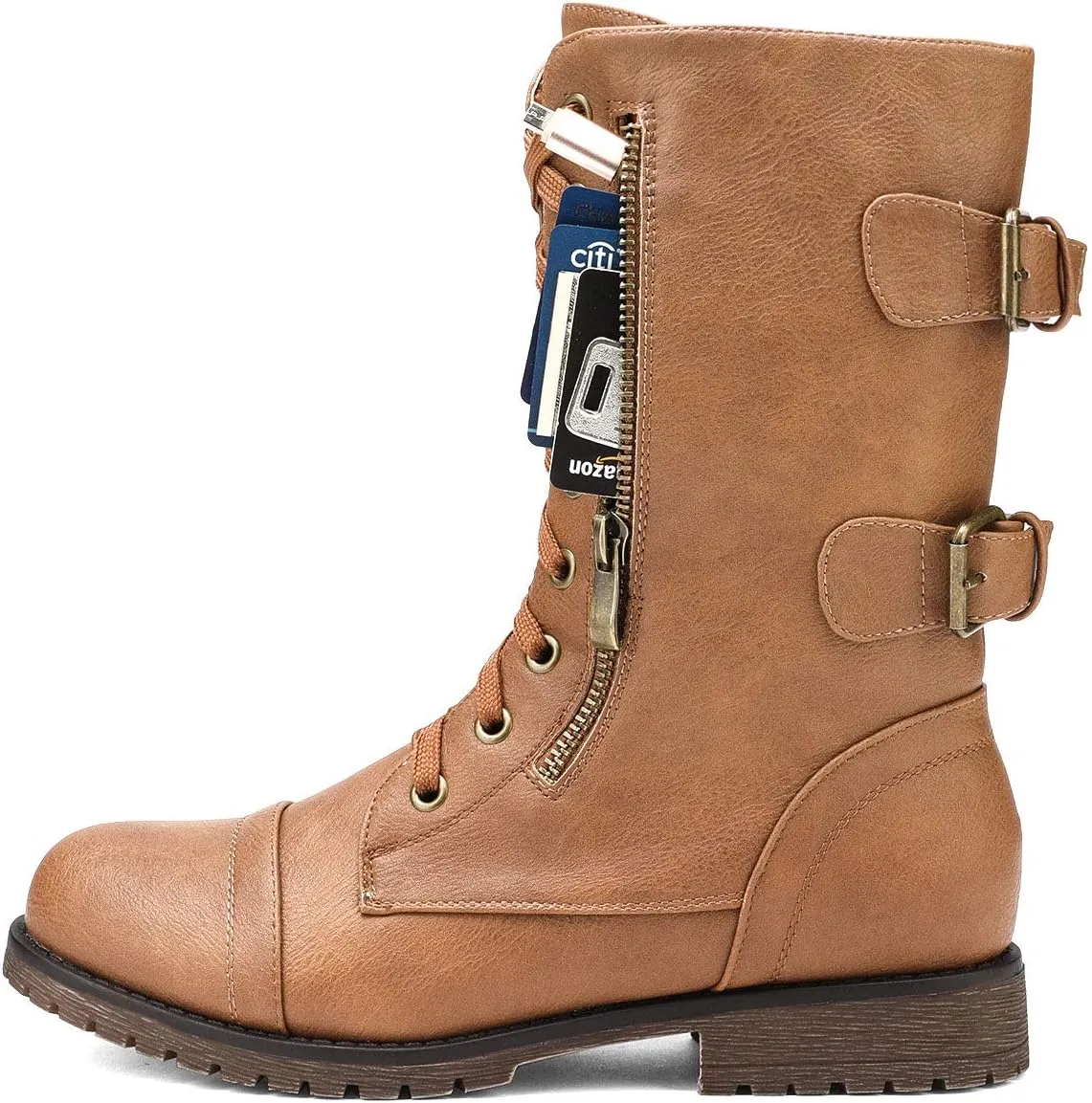 DREAM PAIRS Women's Mid Calf Built-in Wallet Pocket Lace up Military Combat Boots