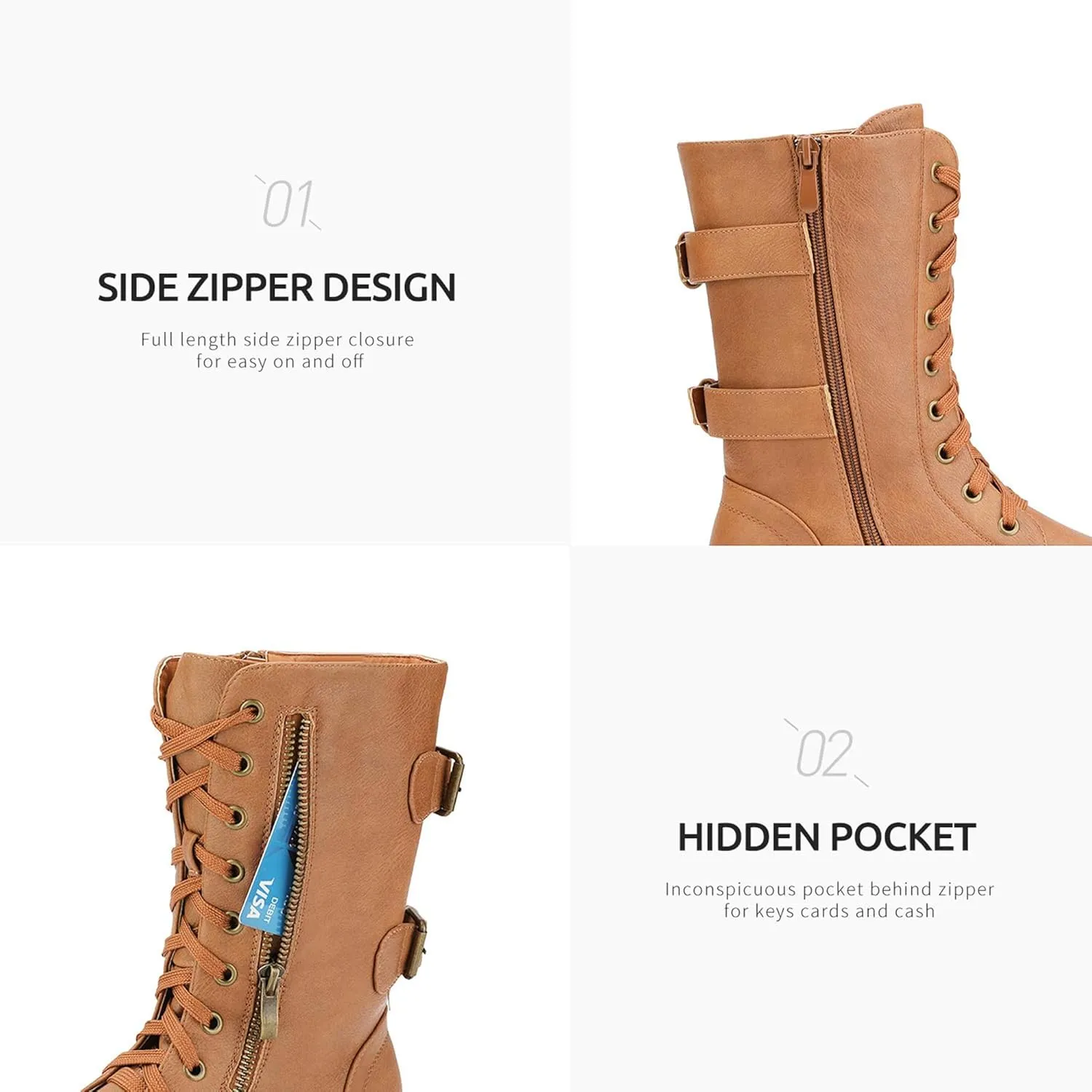 DREAM PAIRS Women's Mid Calf Built-in Wallet Pocket Lace up Military Combat Boots