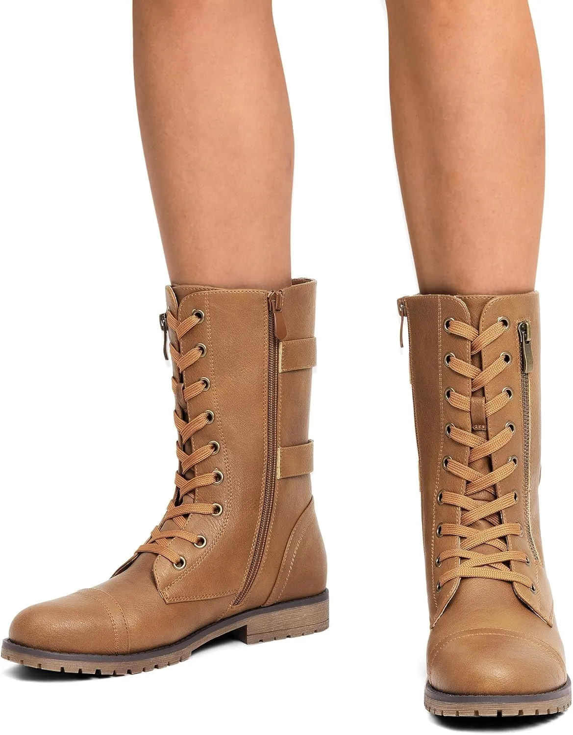 DREAM PAIRS Women's Mid Calf Built-in Wallet Pocket Lace up Military Combat Boots