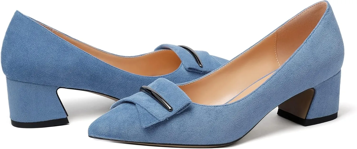 Eldof Block Heels Pumps for Women Pointed Toe Slip on Low Chunky Heeled Bow Heels Classic Low Heel Dress Shoes for Office Wedding Work Evening 2 Inches