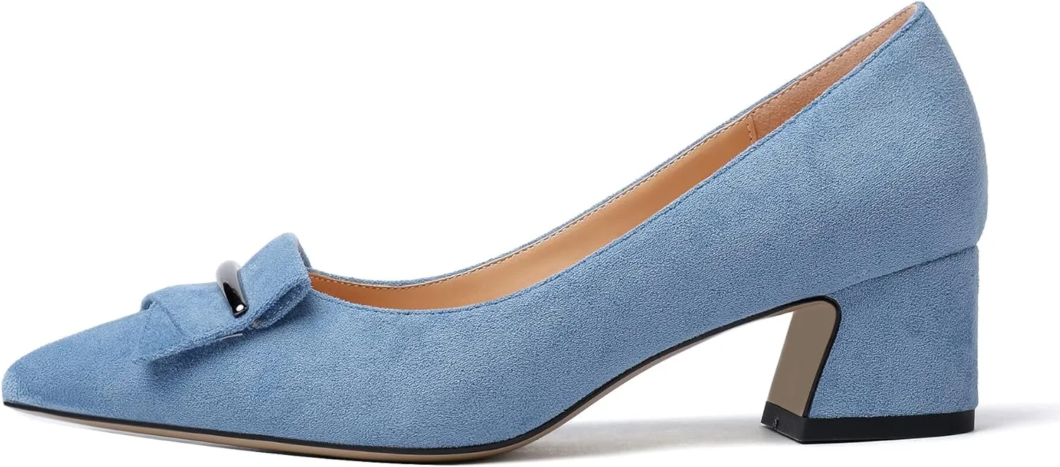 Eldof Block Heels Pumps for Women Pointed Toe Slip on Low Chunky Heeled Bow Heels Classic Low Heel Dress Shoes for Office Wedding Work Evening 2 Inches