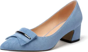 Eldof Block Heels Pumps for Women Pointed Toe Slip on Low Chunky Heeled Bow Heels Classic Low Heel Dress Shoes for Office Wedding Work Evening 2 Inches
