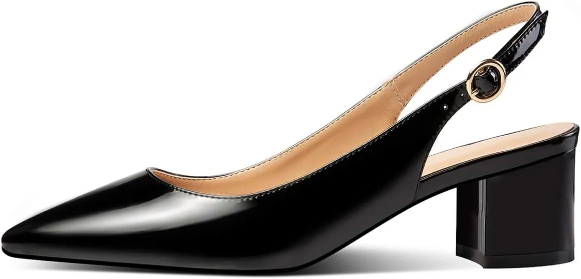Eldof Pointed Toe Pumps, Block Heel Slingback with Bukles, Classic 2" Low Heel for Wedding Party Office Work US5-US13